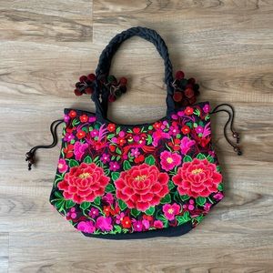 Colorful Pink and Black Floral Embroidered Purse - Made in India